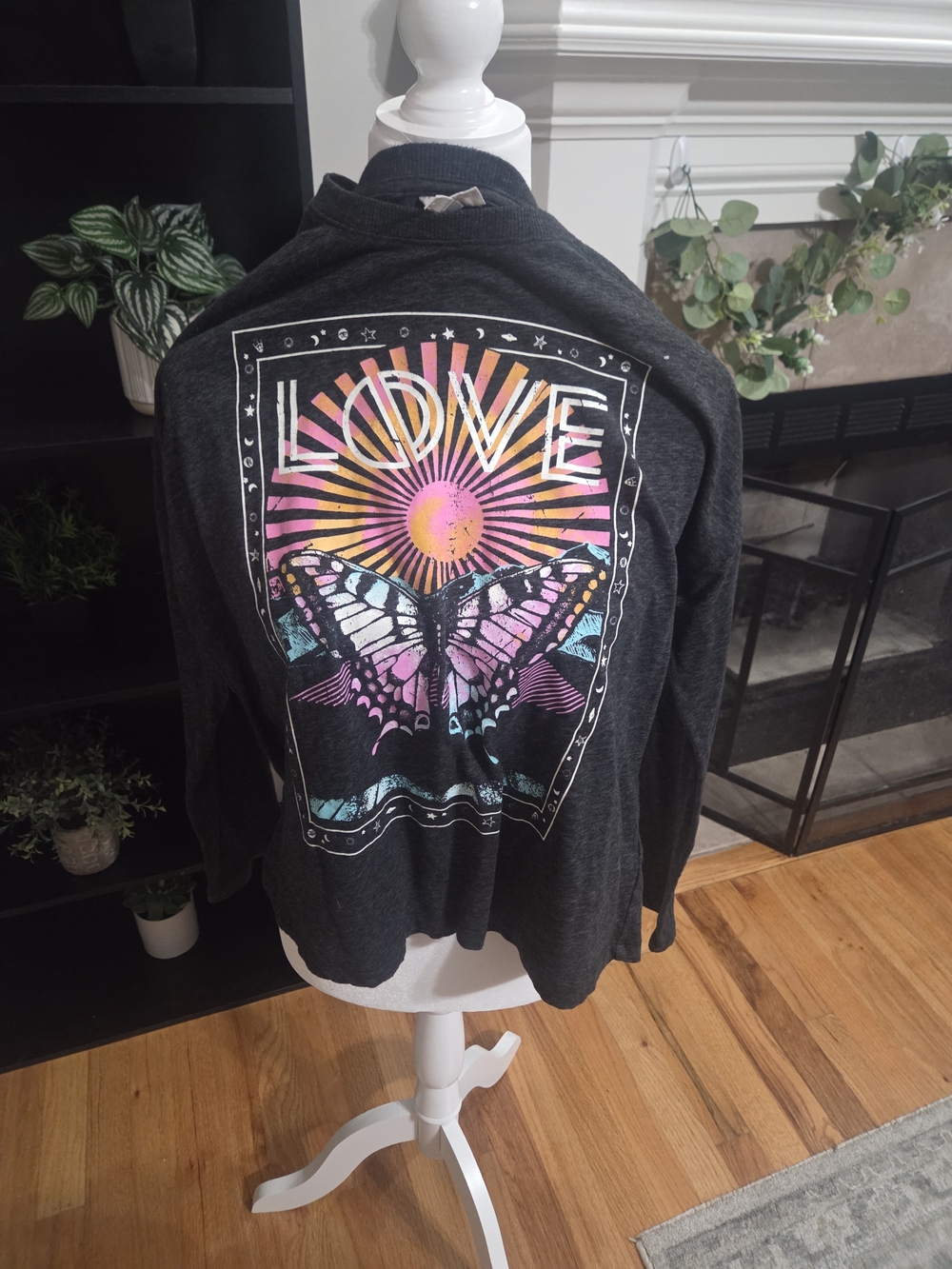 Self Esteem Charcoal Long Sleeve Tee with Multicolor Butterfly LOVE Graphic